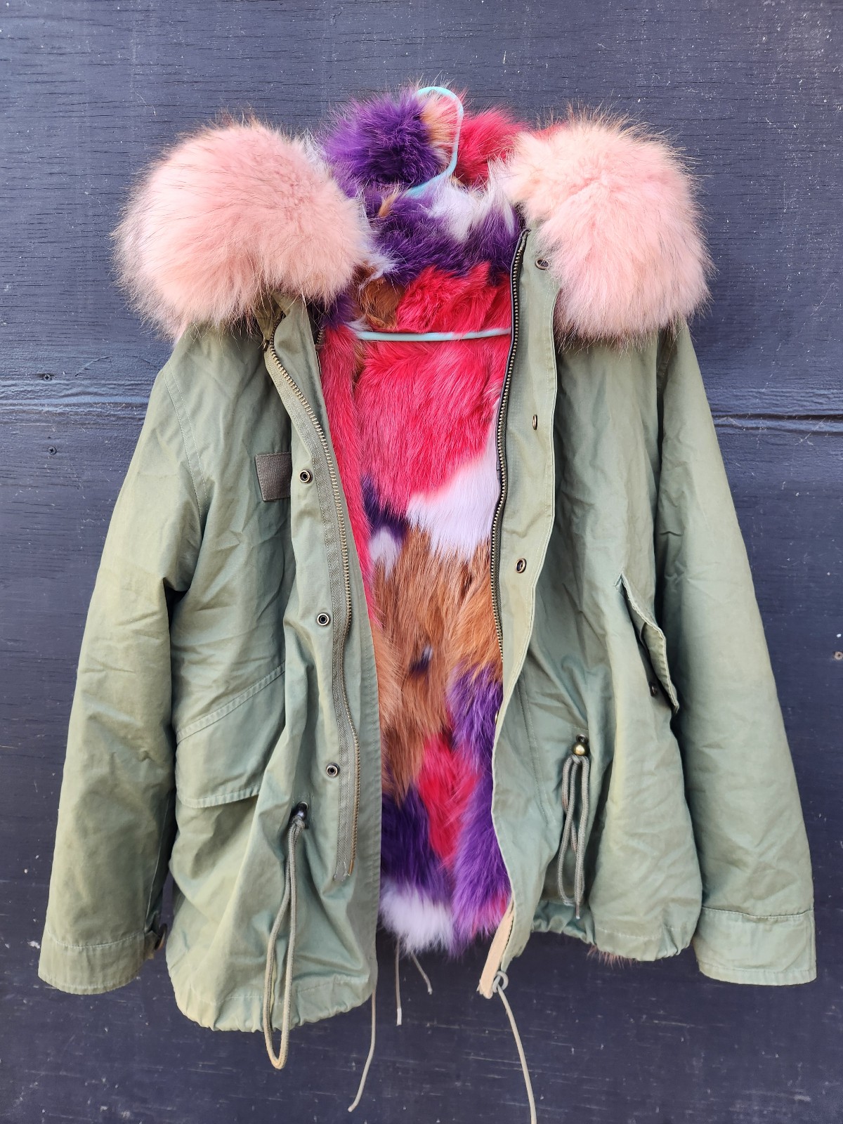 Mr & Mrs Italy parka fox fur green parka coat Beautiful rainbow colors!!