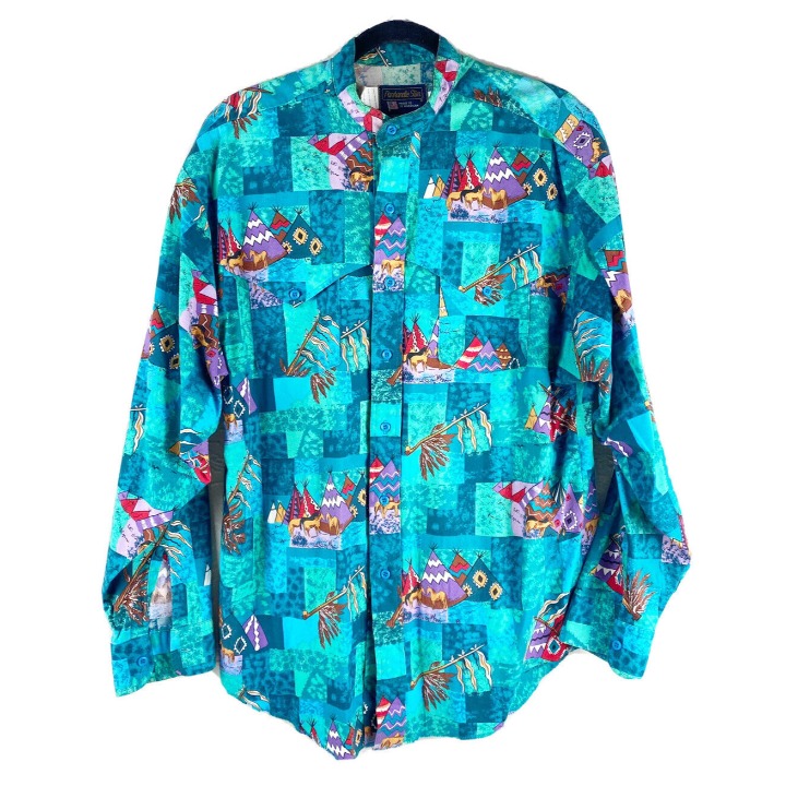 VTG Panhandle Slim Mens Bold Medium Button Long Sleeve Western Indian Shirt EUC