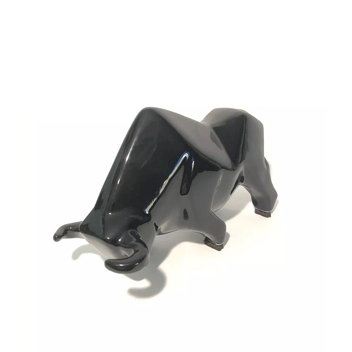 Black Ceramic Bull Statue-7”Tx11”L Cubist Fernando Botero Style-Glossy