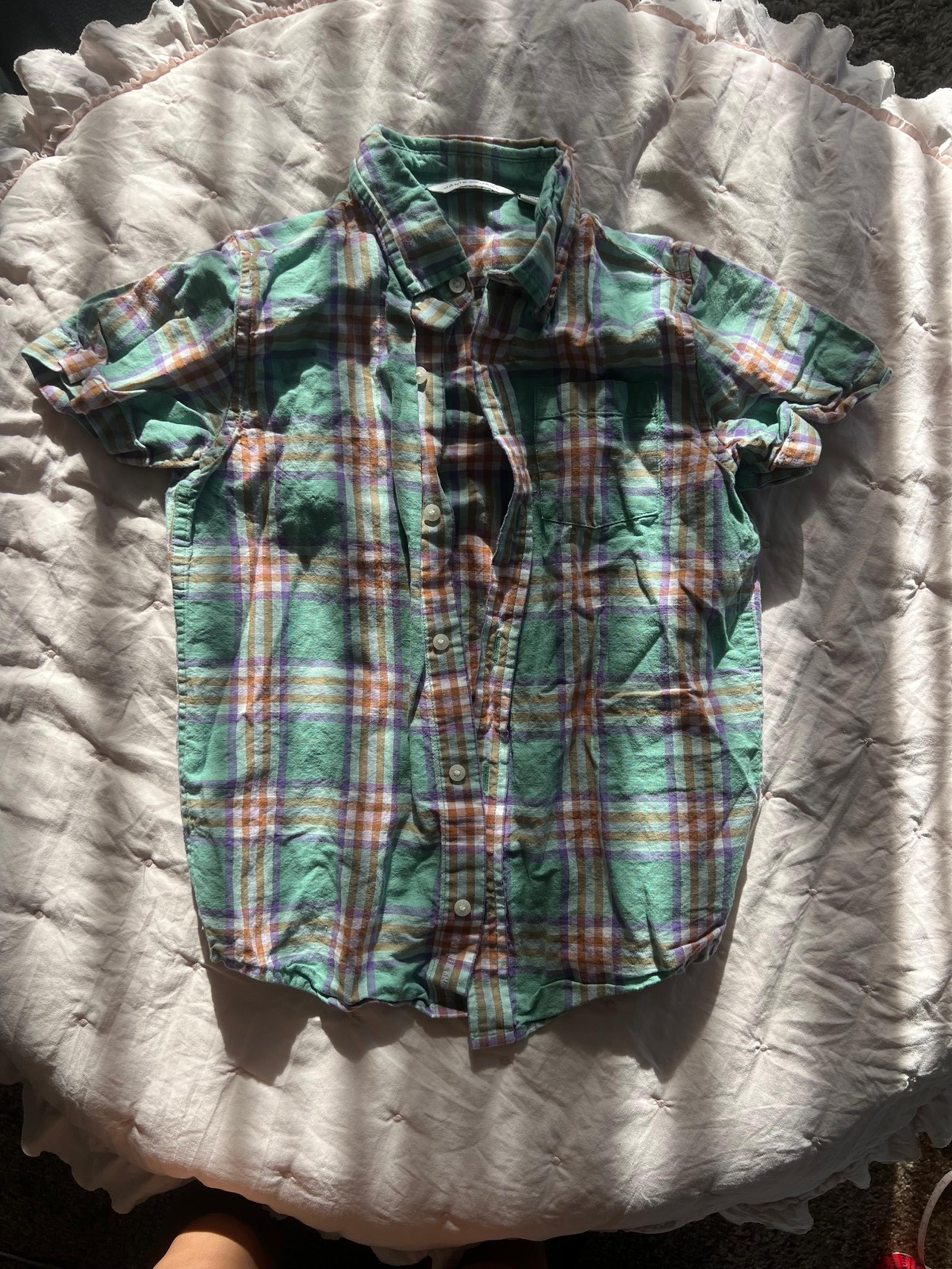 Boys Linen short sleeve button up Shirt plaid green size 8 - Janie and Jack