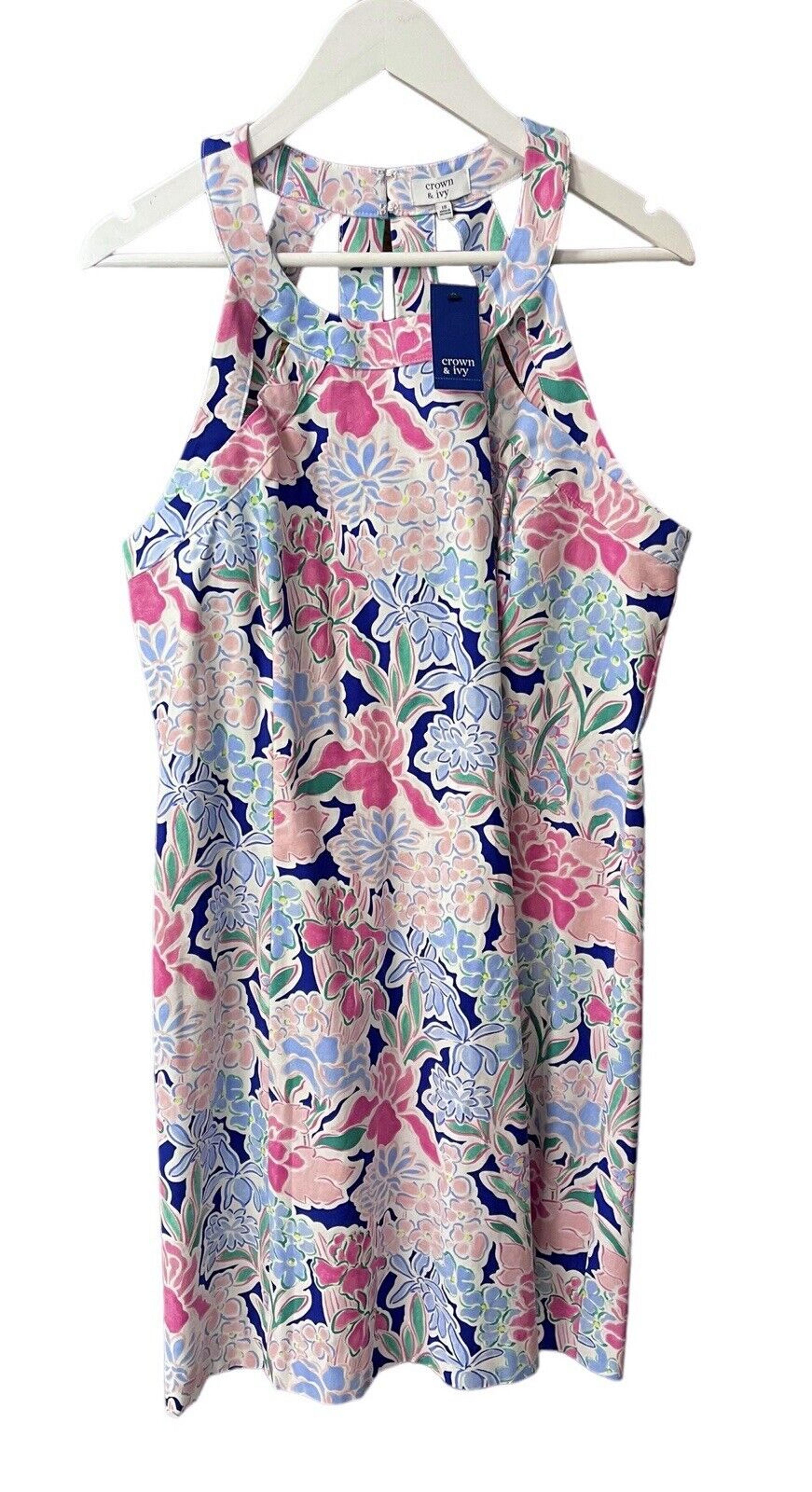 Crown & Ivy NEW Floral Print Halter Strap Cotton Dress Women’s Size 16