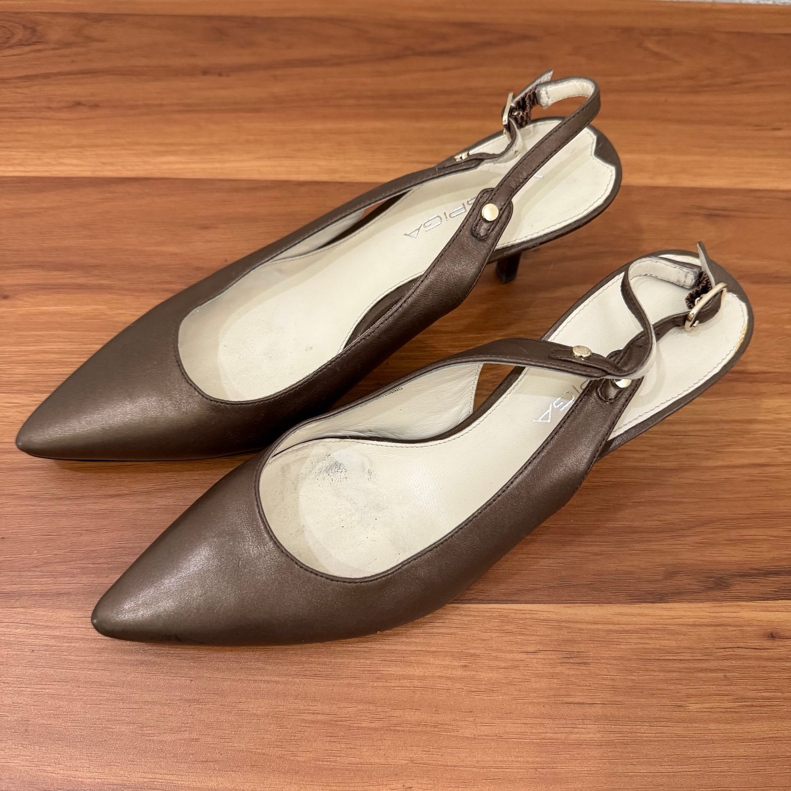 Vintage VIA SPIGA Italy Metallic Bronze Pointy Toe Sling Back Kitten Heels 5.5M