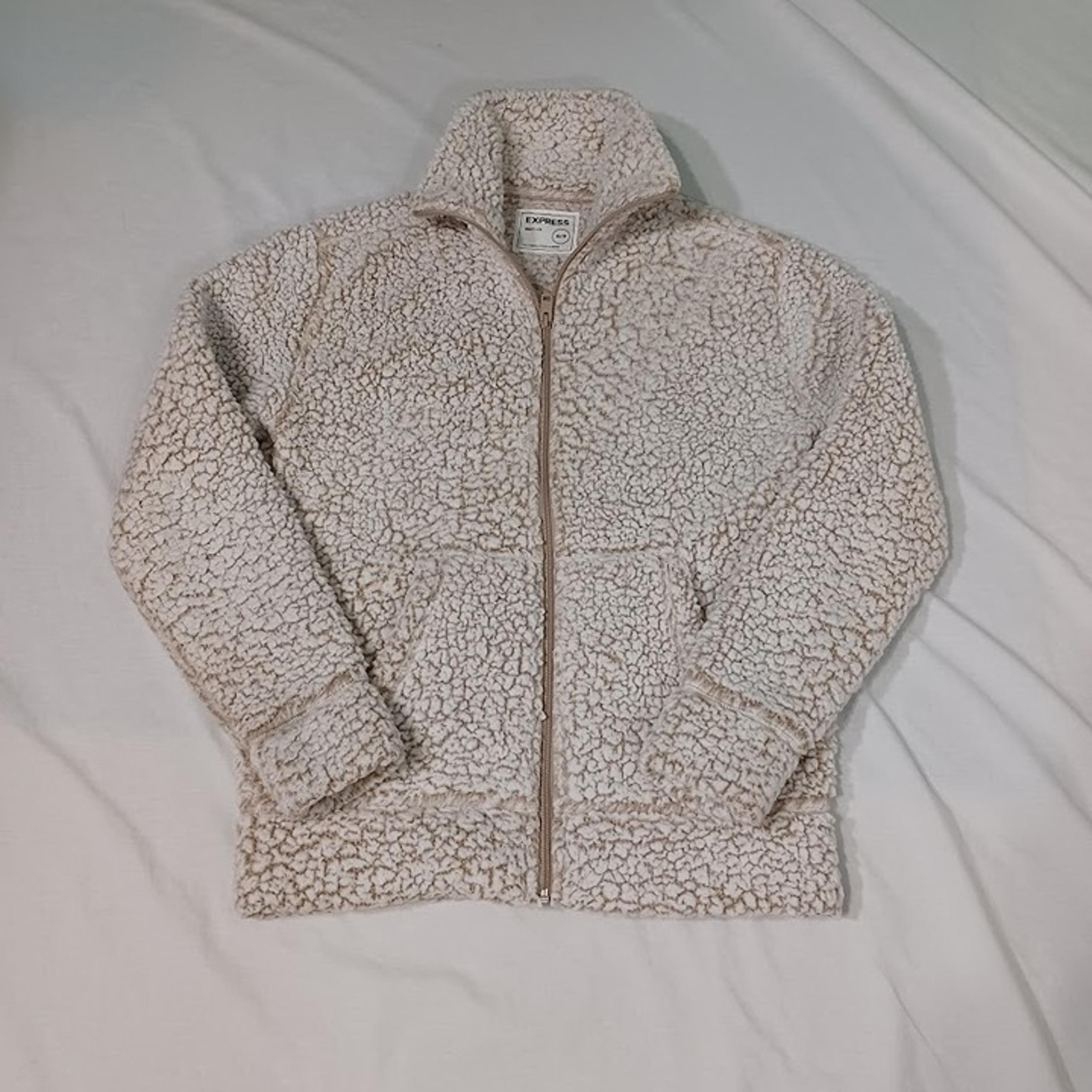 Express Sherpa Shacket Jacket Womens White Beige XS/TP Faux Fur Full Zip Fleece
