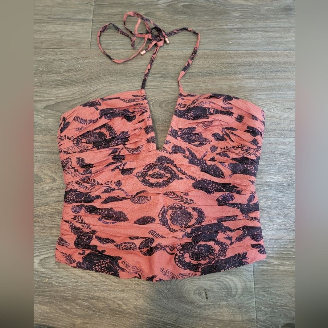 Anthropologie Ruched Halter Pink Rose Top Smocked Feminine 8