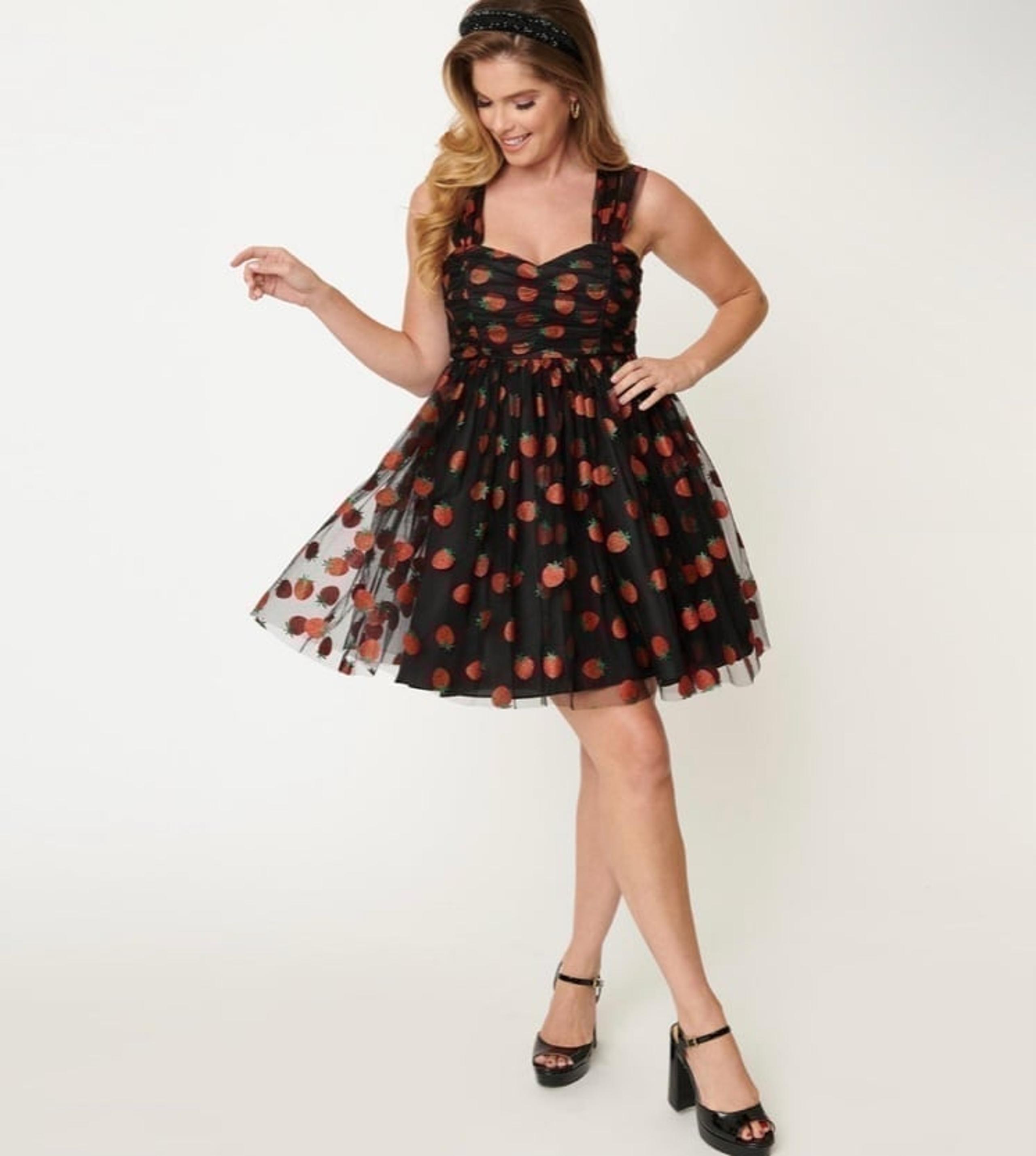Unique Vintage Black Sparkle Strawberry Tulle Babydoll Mini Dress L
