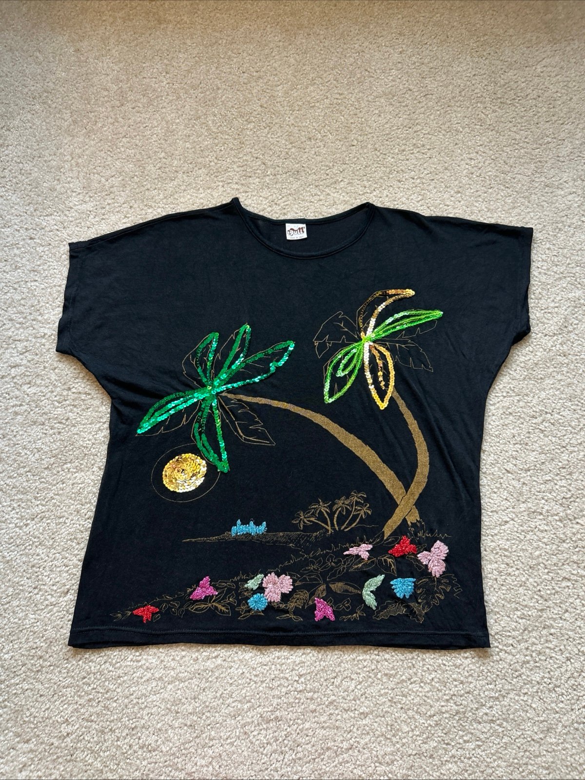 Made in Italy Rare Vtg Black Embroidered Sequenced Textured Abstract Palms Top M