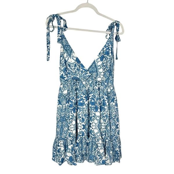 NWT Olivaceous Mini Dress Tiered Medium Blue White Floral Ruffle Tie Strap