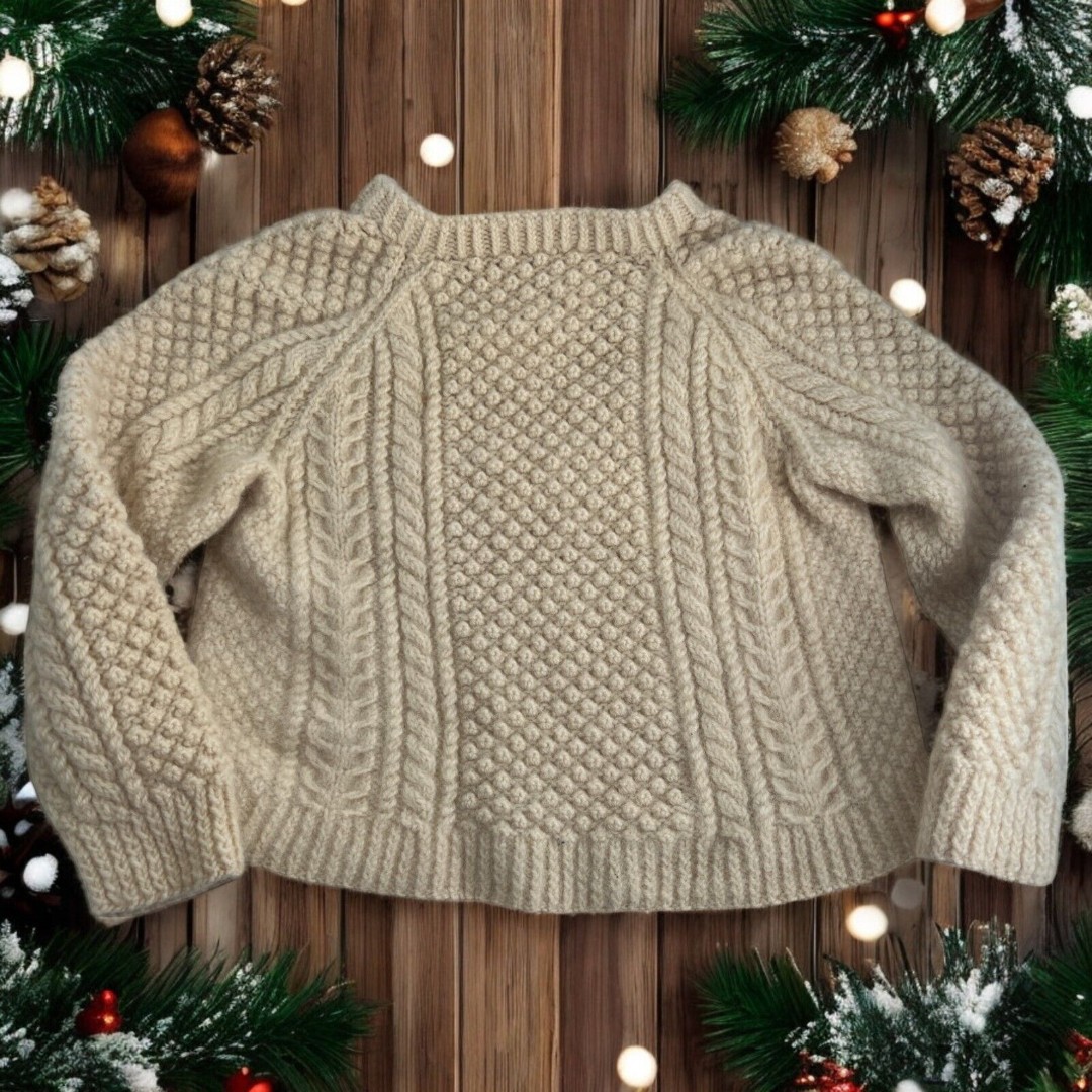 VTG Youth M Blarney Hand-Knit Irish Fisherman Sweater 100% Wool Cream 78cm/31