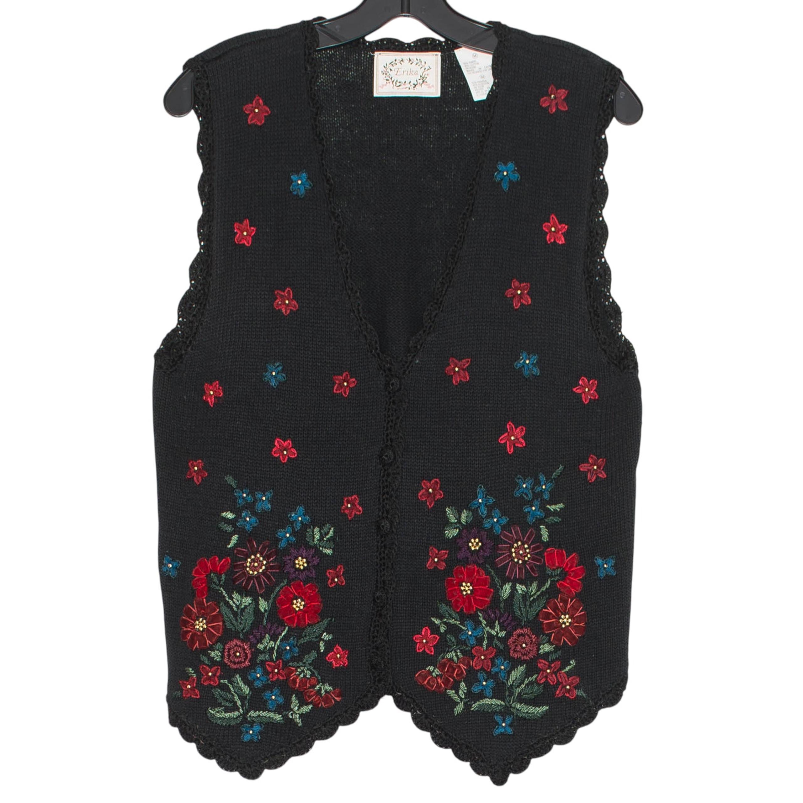 Erika Vintage Sweater Vest Floral Academia Cottage Grandma Button Black Medium
