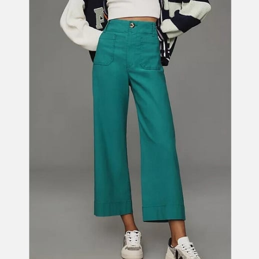 Anthropologie 24P The Colette Cropped Wide-Leg Pants Emerald Green NWT 24 P