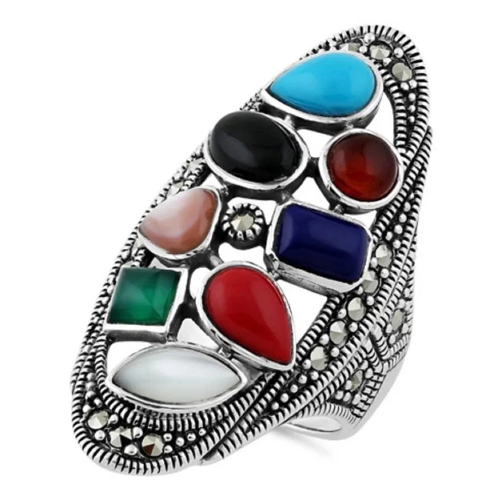 Size 6, 925 STERLING SILVER Multi Gemstone Marcasite Ring