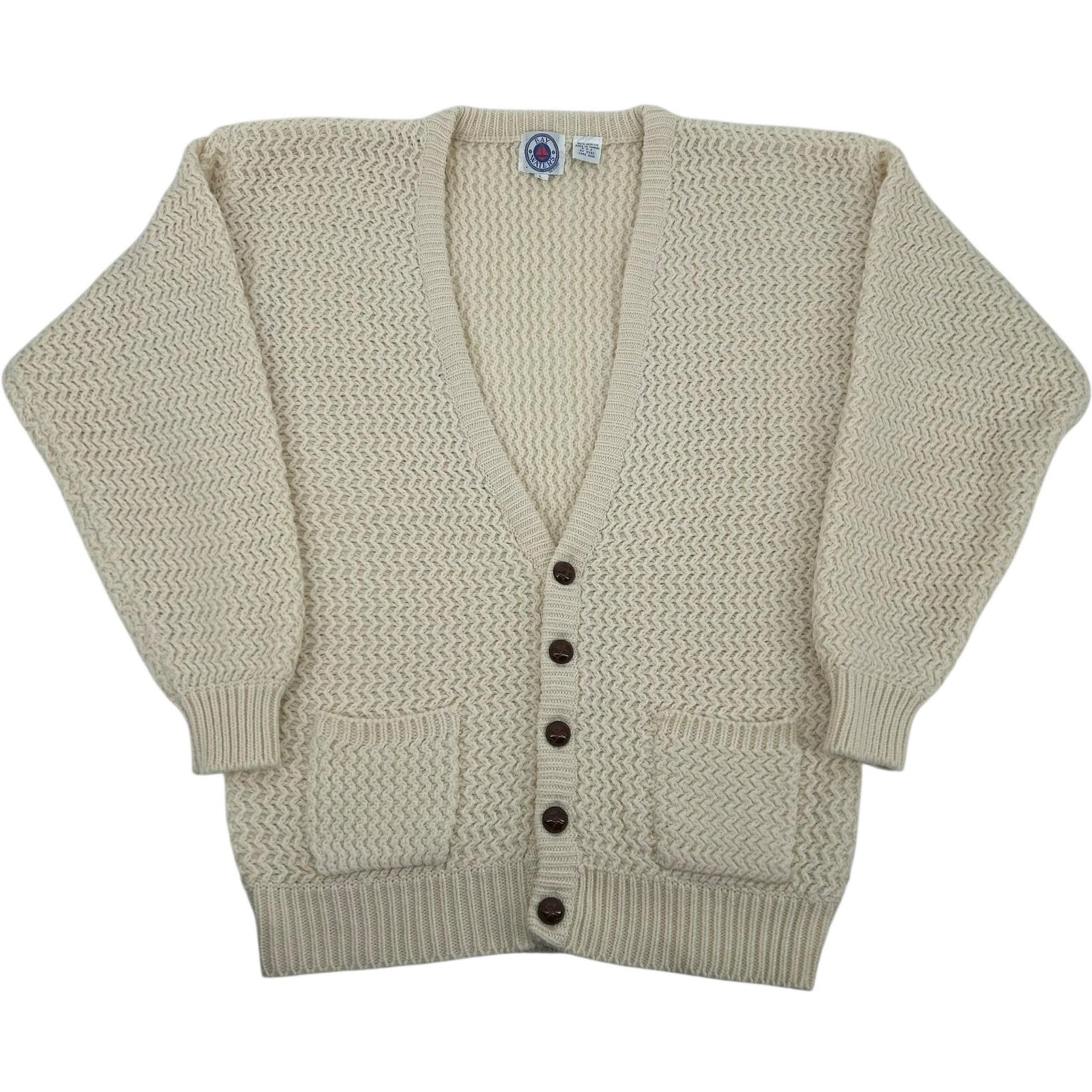 Vintage 80s 90s Men's L Bay Waters cream zig zag knit button up Cardigan sweater