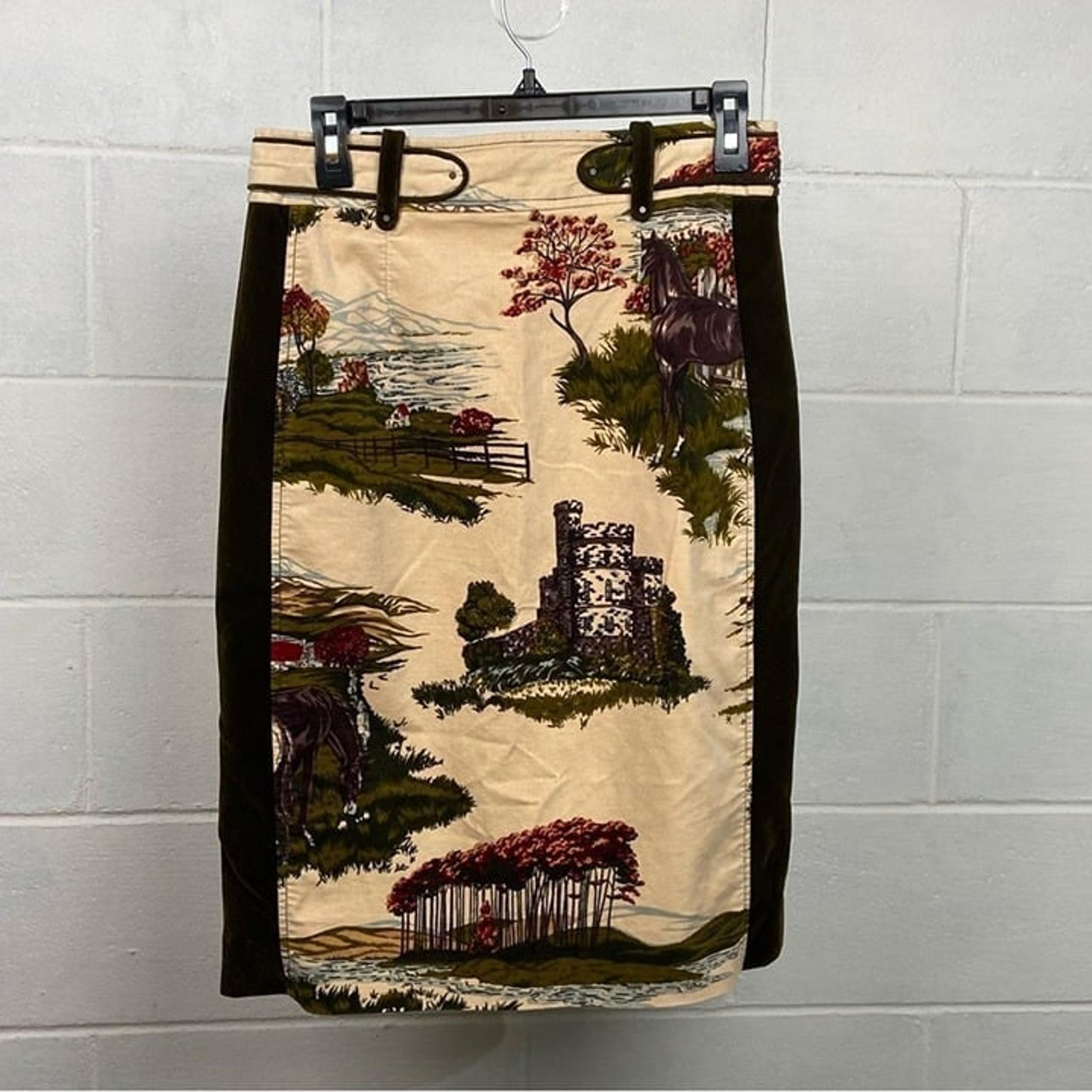 Anthropologie Cartonnier Horse Stable Print Velvet Pencil Skirt Size 8 Tan *EUC