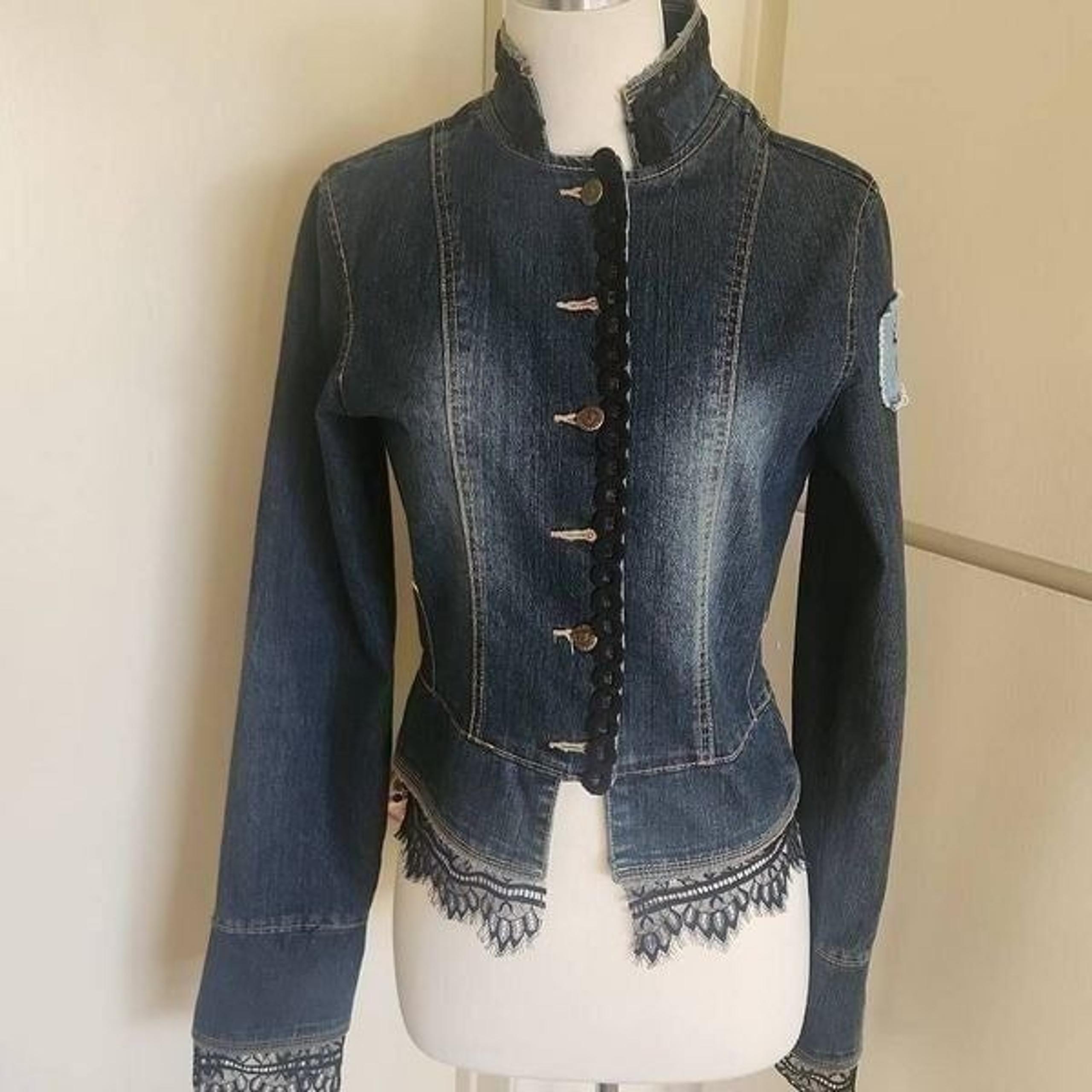 Dollhouse Denim Upcycled Custom Jacket, Military Style, Lace, Sequin Patch, M