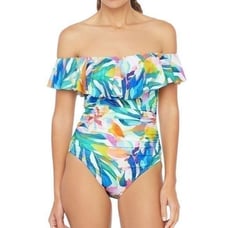 La Blanca Wild Tropic Off Shoulder Ruffle One Piece Swimsuit size 12 new!!