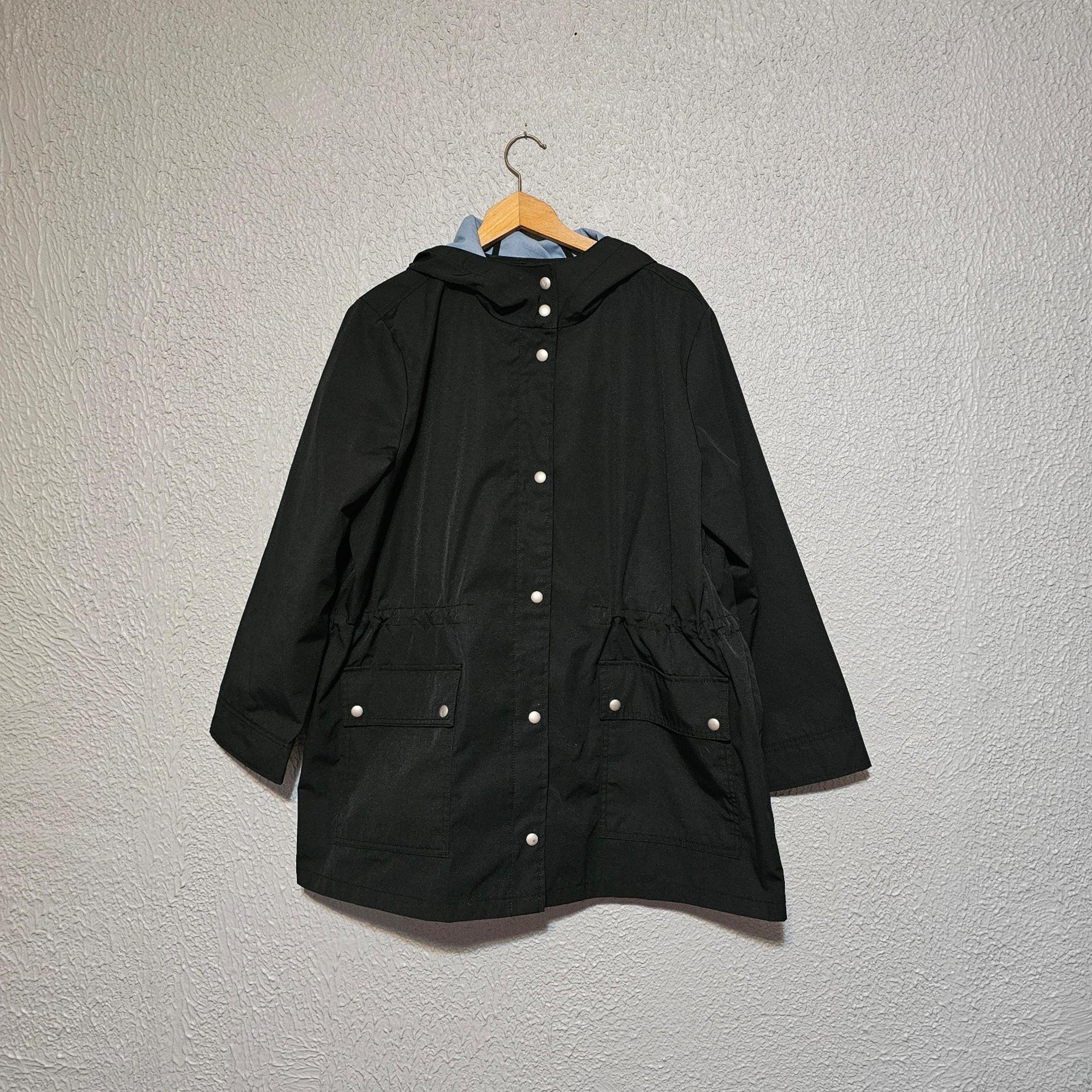 J Crew Coat Size 2X Lightweight Black Hooded Adjustable Waist Cozy Soft