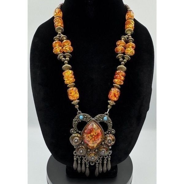 Chunky Antiqued Bronze Turquoise Amber Color Resin Beaded Tassel Boho Necklace