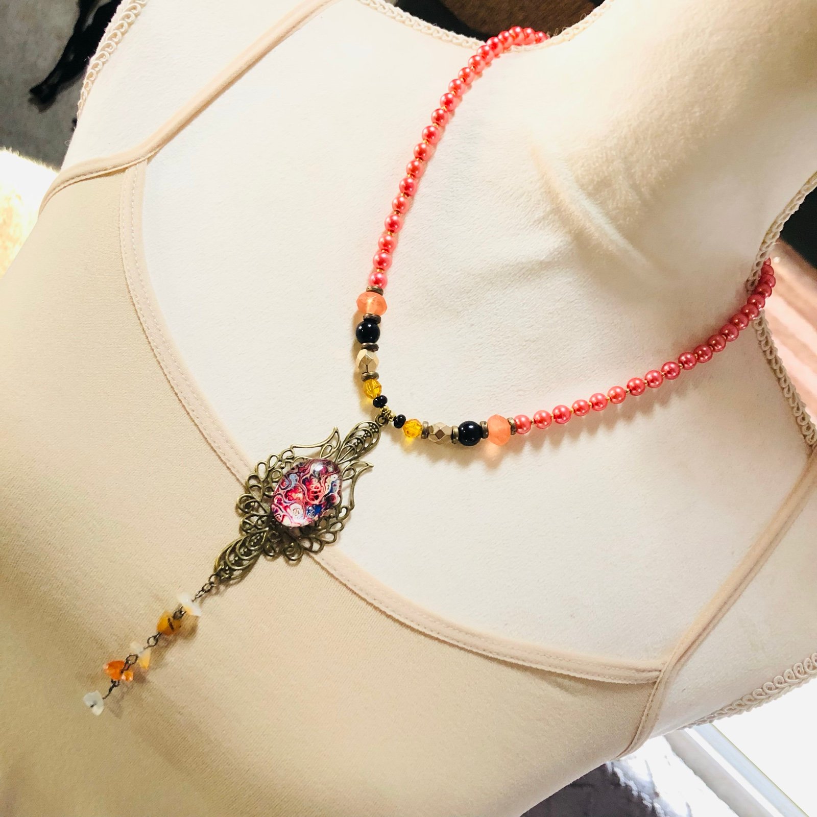 Handcrafted repurpose brass filigree pendant vintage beaded necklace