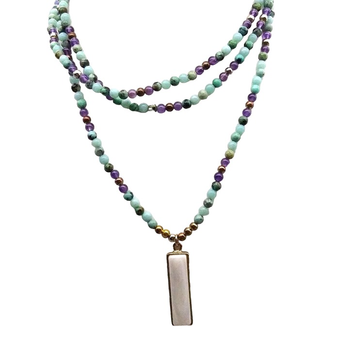 Soothing Colors Beads Rustig Necklace with Gold Edged Elongated Mother of Pearl