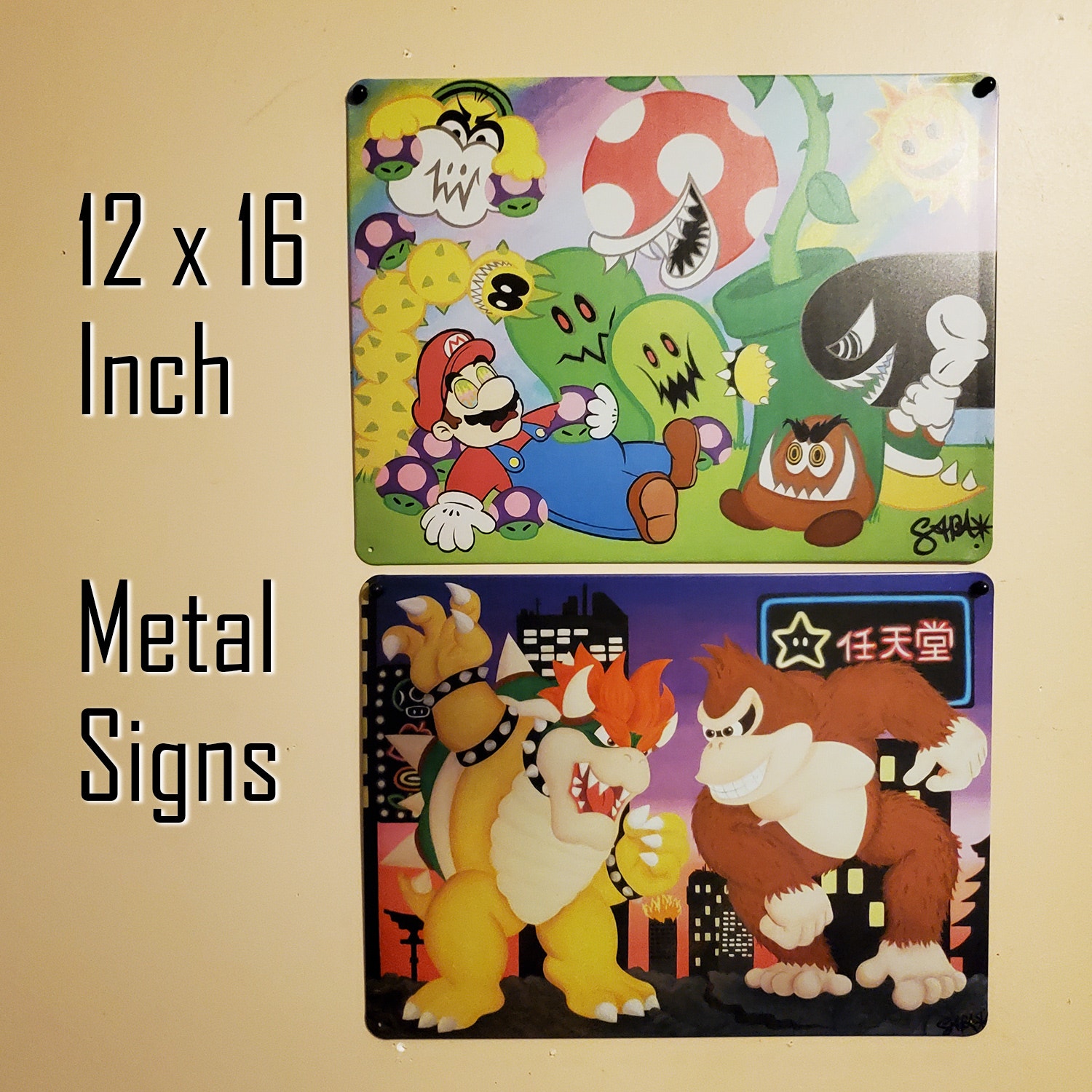 Trippy Mario + Bowser vs. Donkey Kong metal signs - original artwork gamer gift