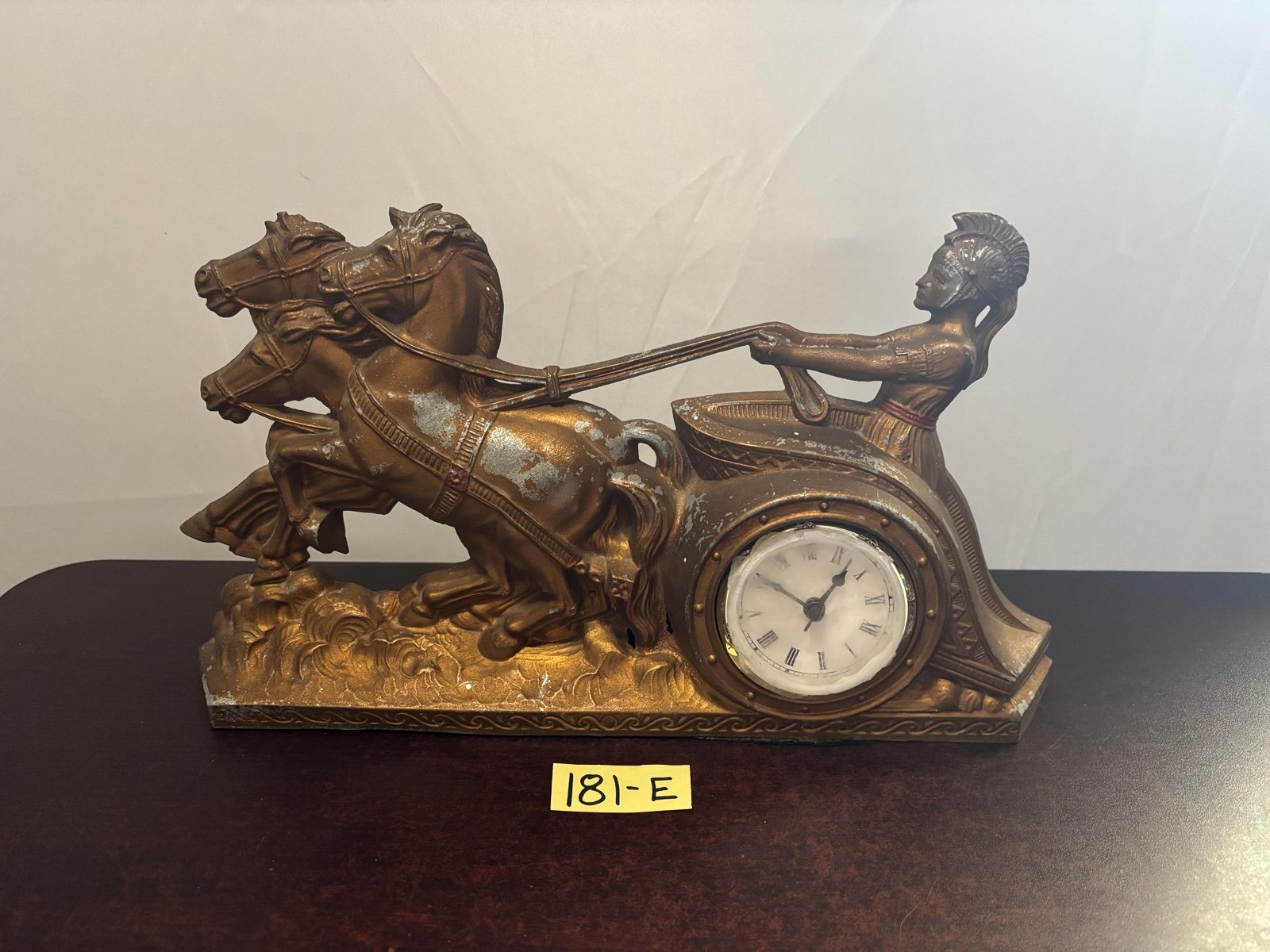 Vintage USA Lite mantle clock, Roman chariot driver & horses, metal horse