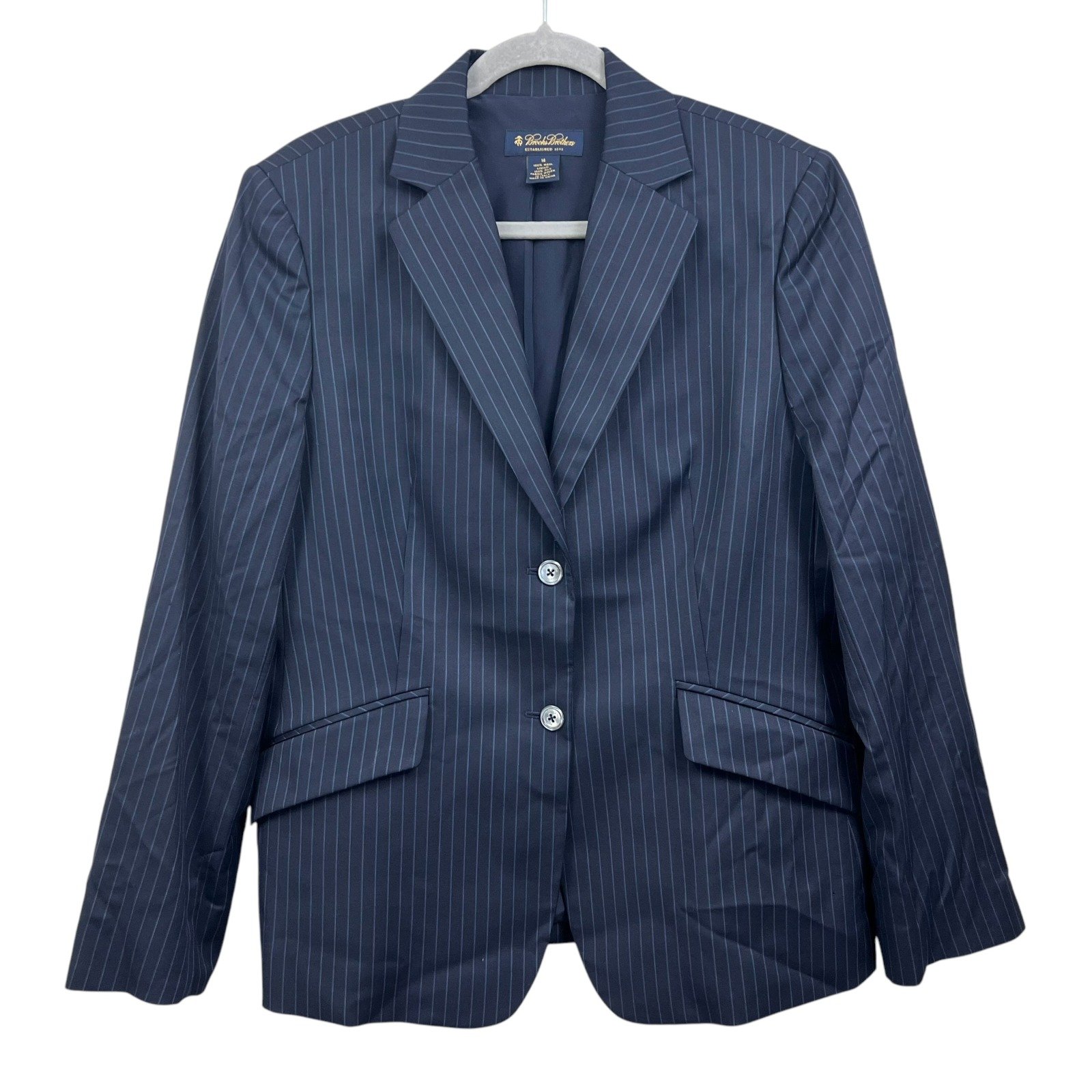 Brooks Brothers Womens Wool Pinstripe Blazer Suit 2 Button Navy 14 Made in Italy