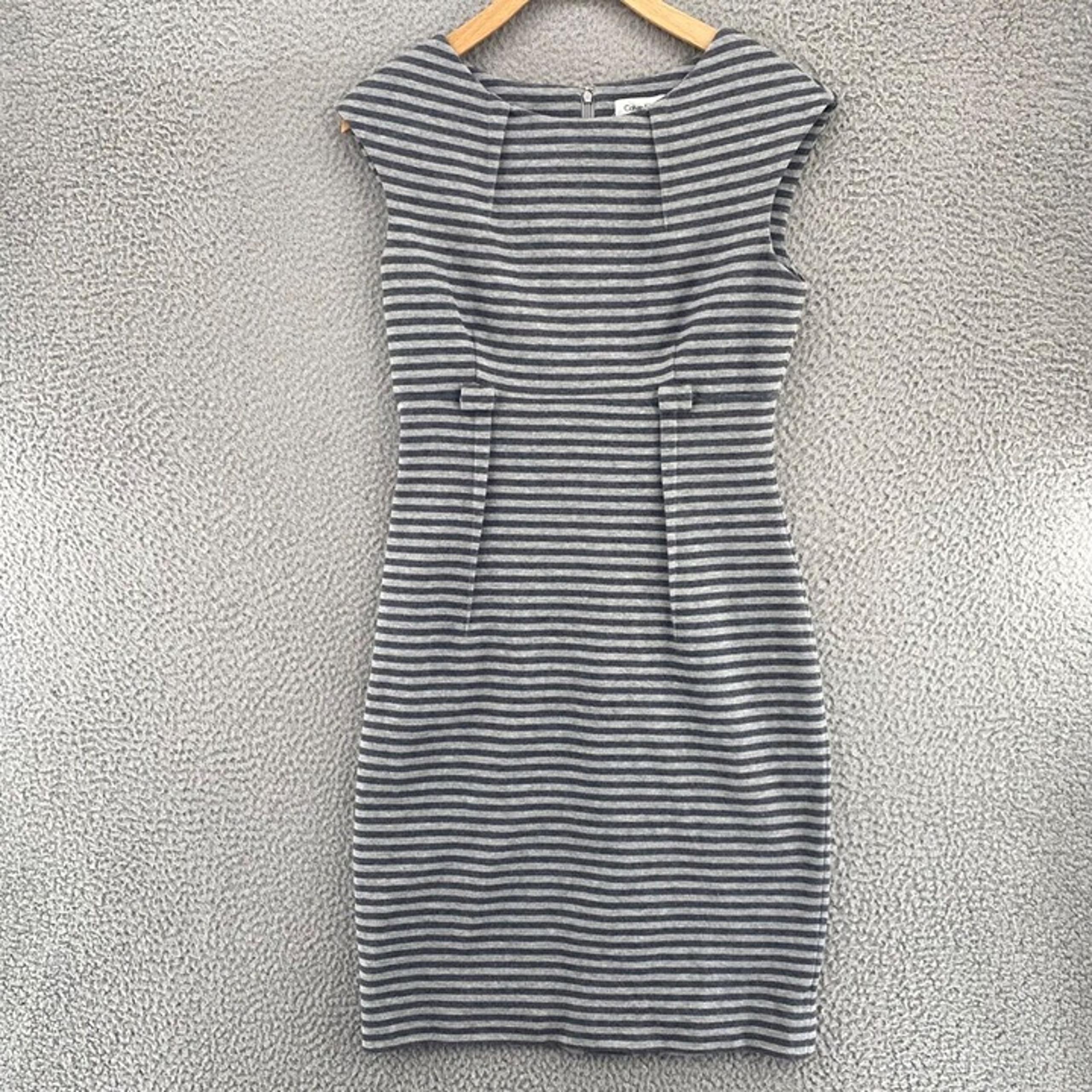 Calvin Klein Dress Womens 4 Gray Striped Sheath Mini Cap Sleeves Stretch Knit