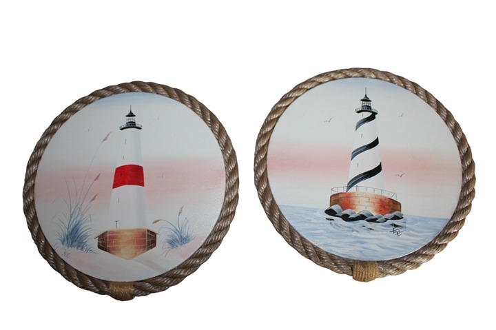 Lighthouse Canvas Hand Painted Wall Art Set Hangings Round Rope Signed Beach 11