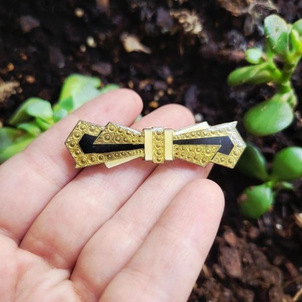 Vintage Art Deco Style Geometric Gold & Black Enamel Lapel Brooch Pin