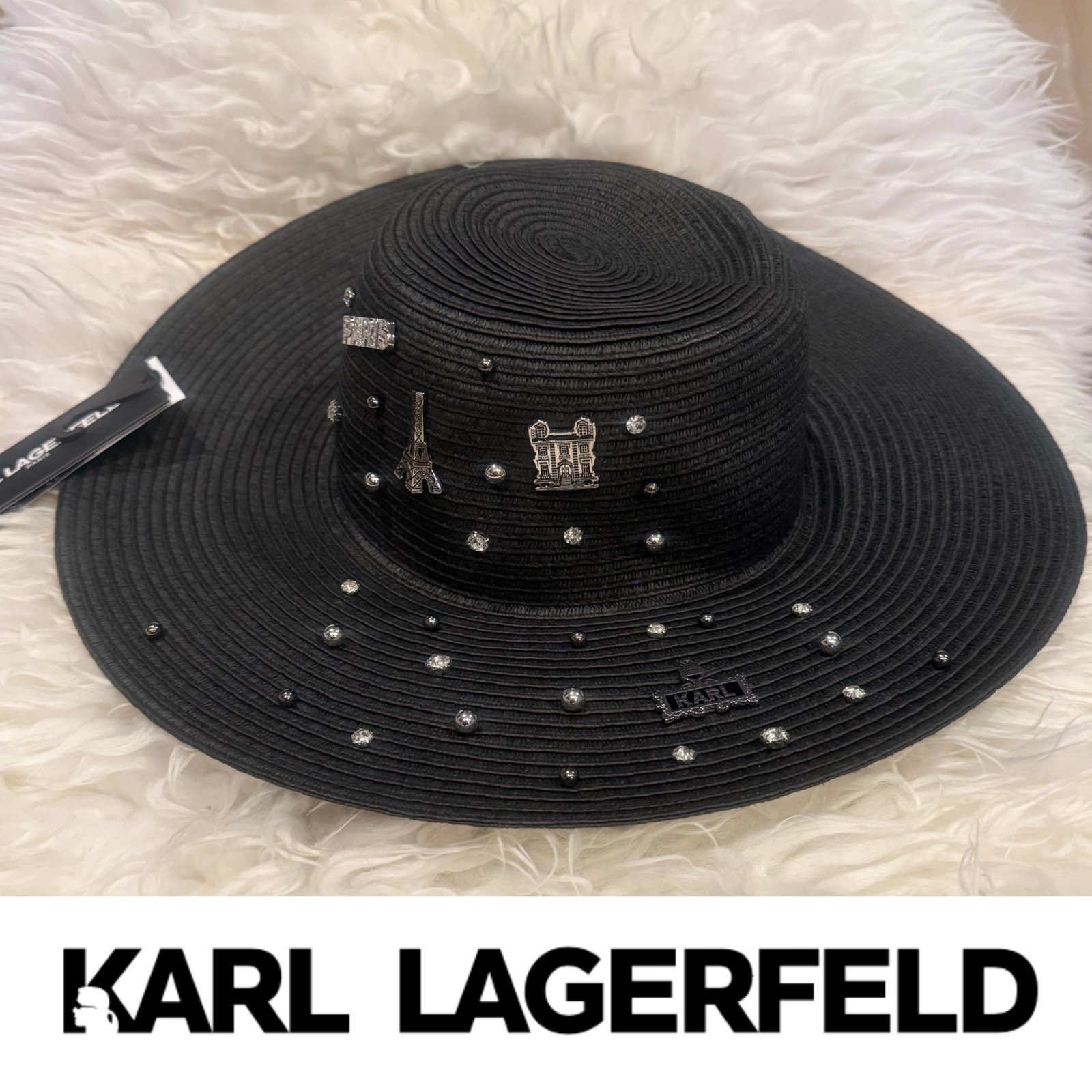 Karl Lagerfeld black Straw signature pin stud charm Sun Hat*NWT