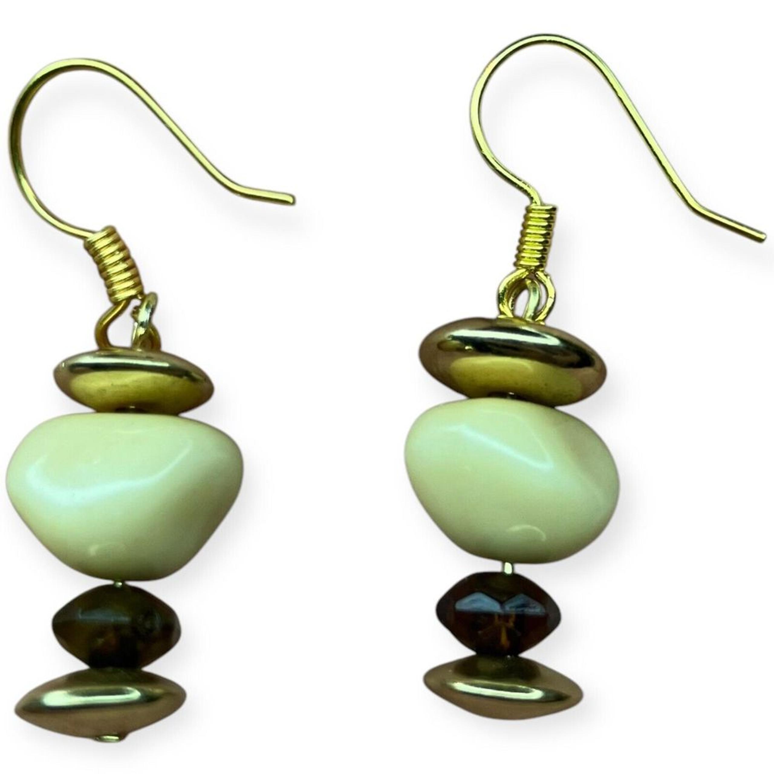 Handcrafted Cream & Black Bead Faceted Gold-Tone Drop Dangle Statement Earrings