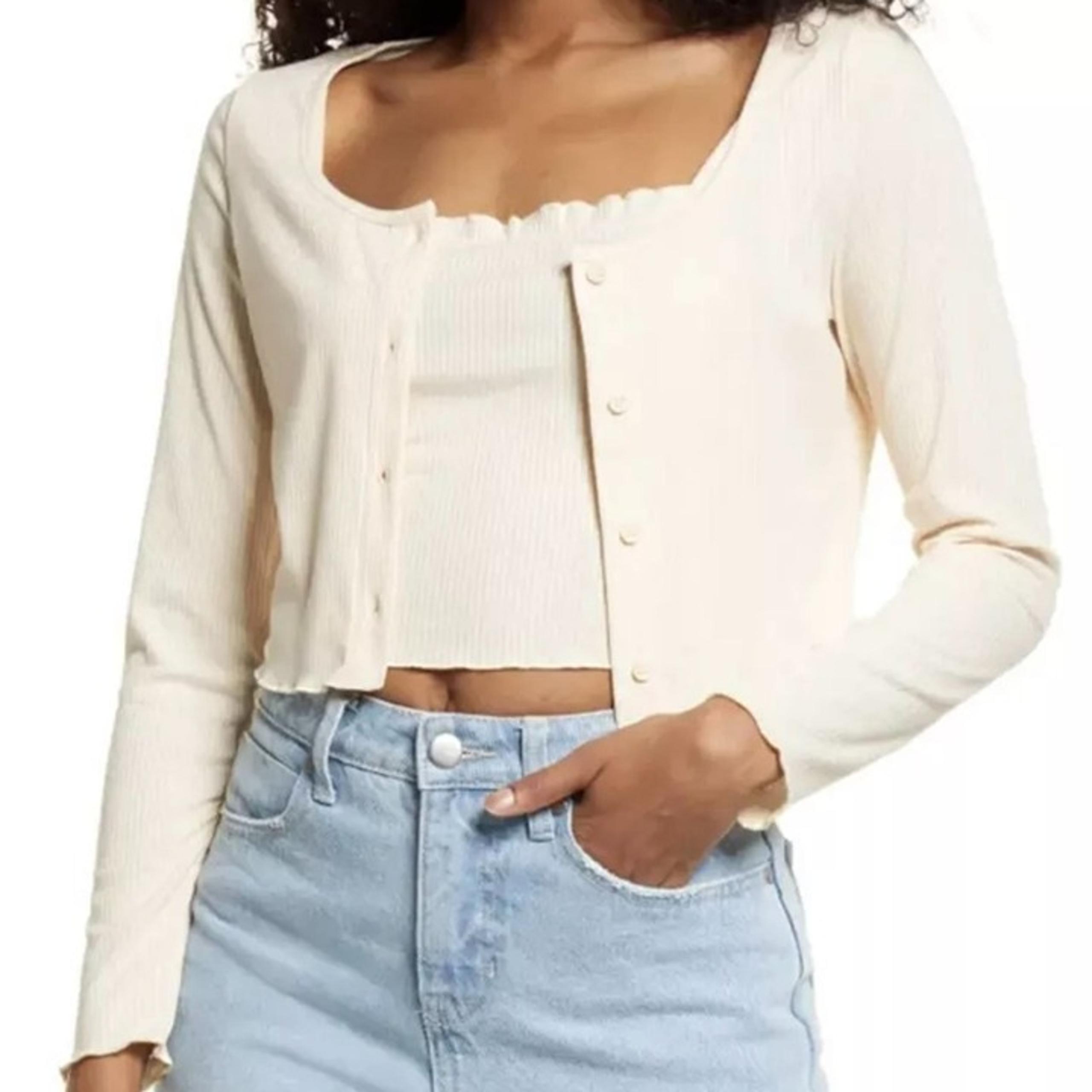 NEW bp Long Sleeve Lettuce Edge Rib Crop Cardigan Camisole Set - 1X