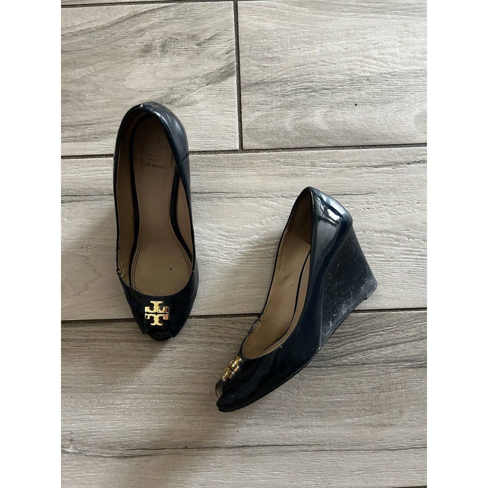Tory Burch Womens Patent Wedge Heels Navy Blue Size 9.5