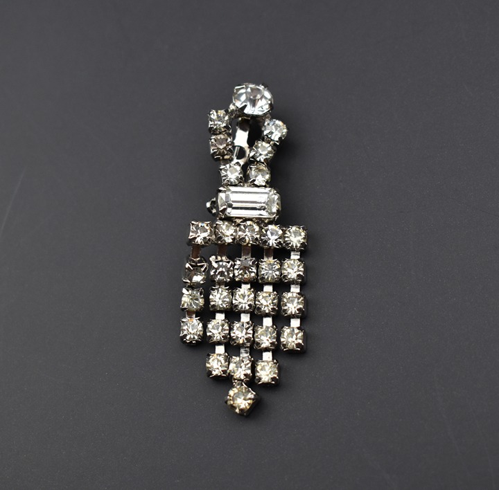 Fringe rhinestone brooch pin, fancy clear crystal vintage brooch, prom grad pin
