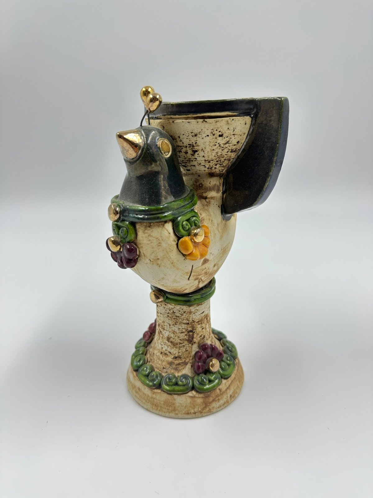 Art Pottery Vintage Bird of Paradise Candle Holder Colorful Beige Blue Green