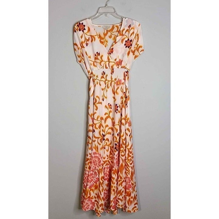 Indikka Flora Pink/Orange Bohemian Boho Tropical Peasant Maxi Dress Size Medium