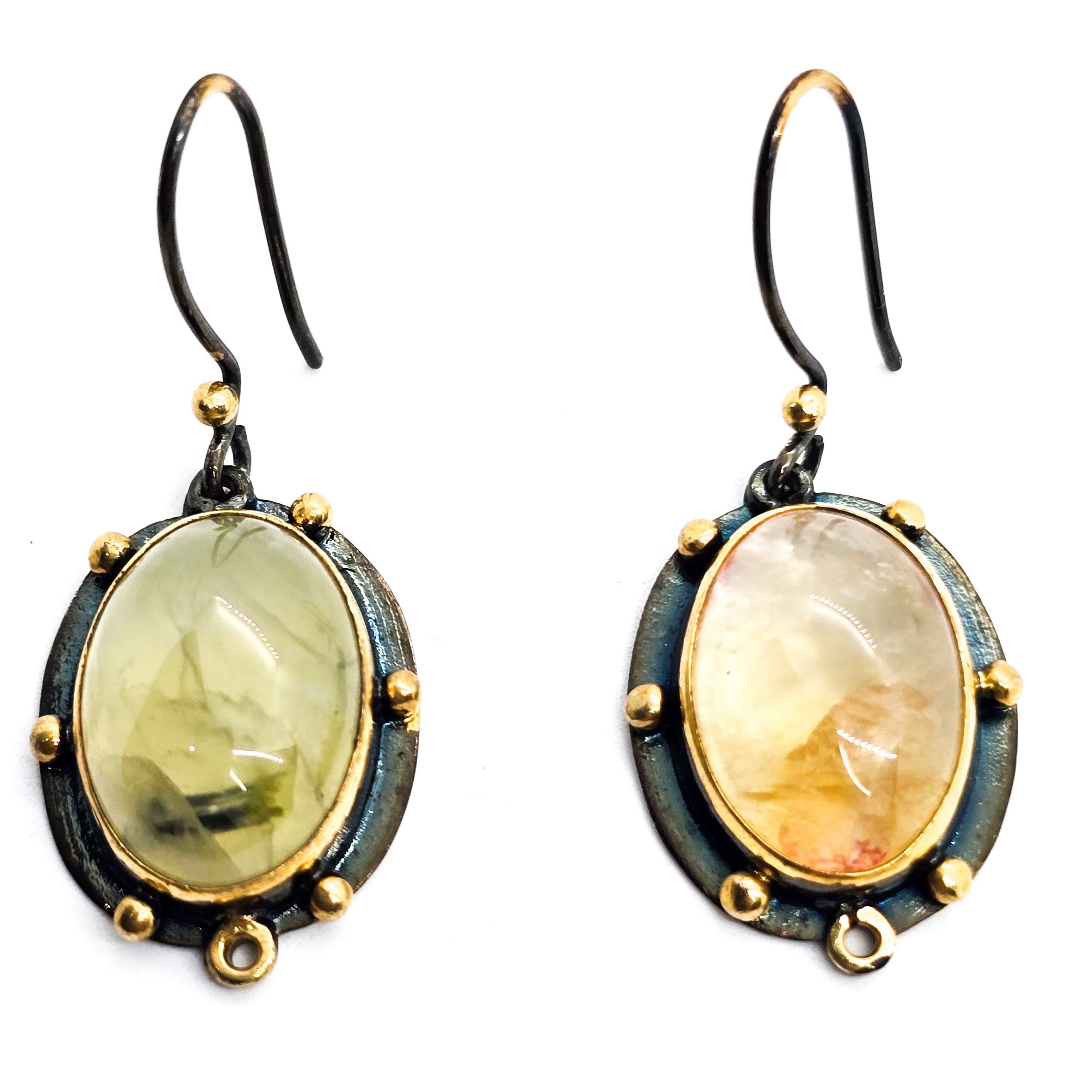 Prehnite gemstone oxidized sterling silver drop earrings