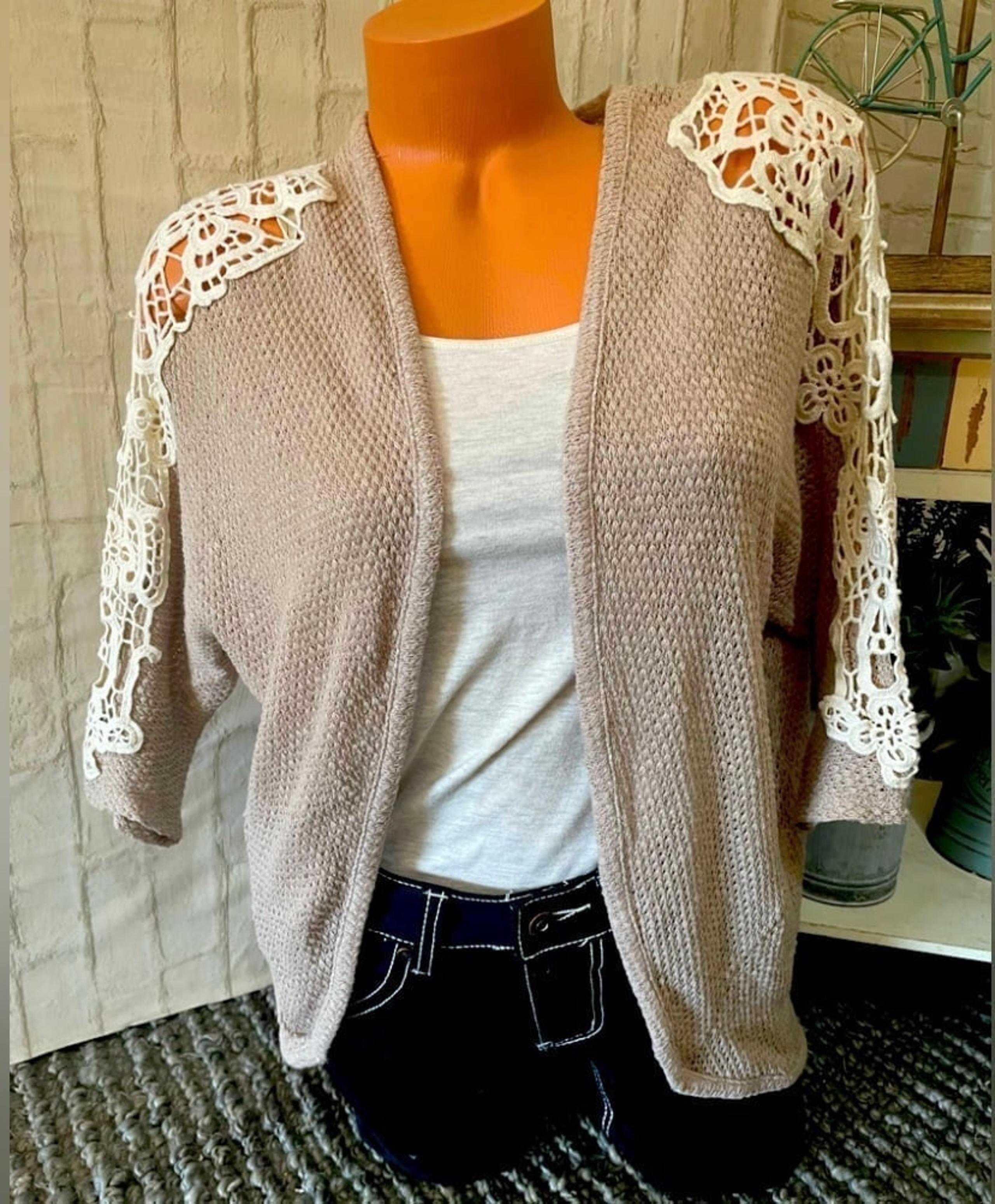 American Rag Jrs. Taupe Crochet Sleeve Cardigan Sweater M NEW