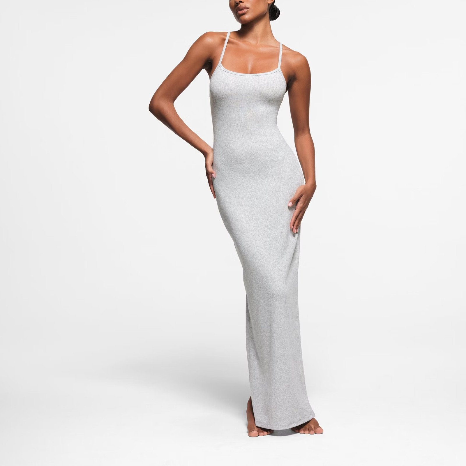 Skims Cotton Rib Long Cami Dress in Light Heather Grey, Size Small