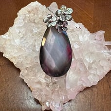 Sterling Black Mother of Pearl Pendant with Carved Flower Details