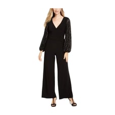 Adrianna Papell Jumpsuit Size 8 Black Sequin Faux Wrap Wide Leg Cocktail NEW