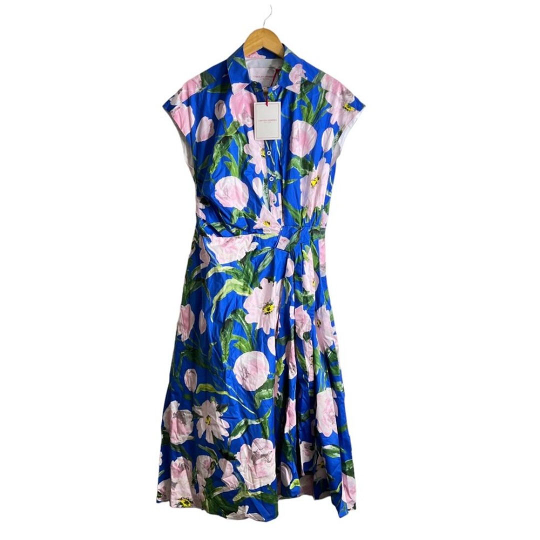 New Carolina Herrera Cap Sleeve Floral Faux Wrap Shirtdress Dress
