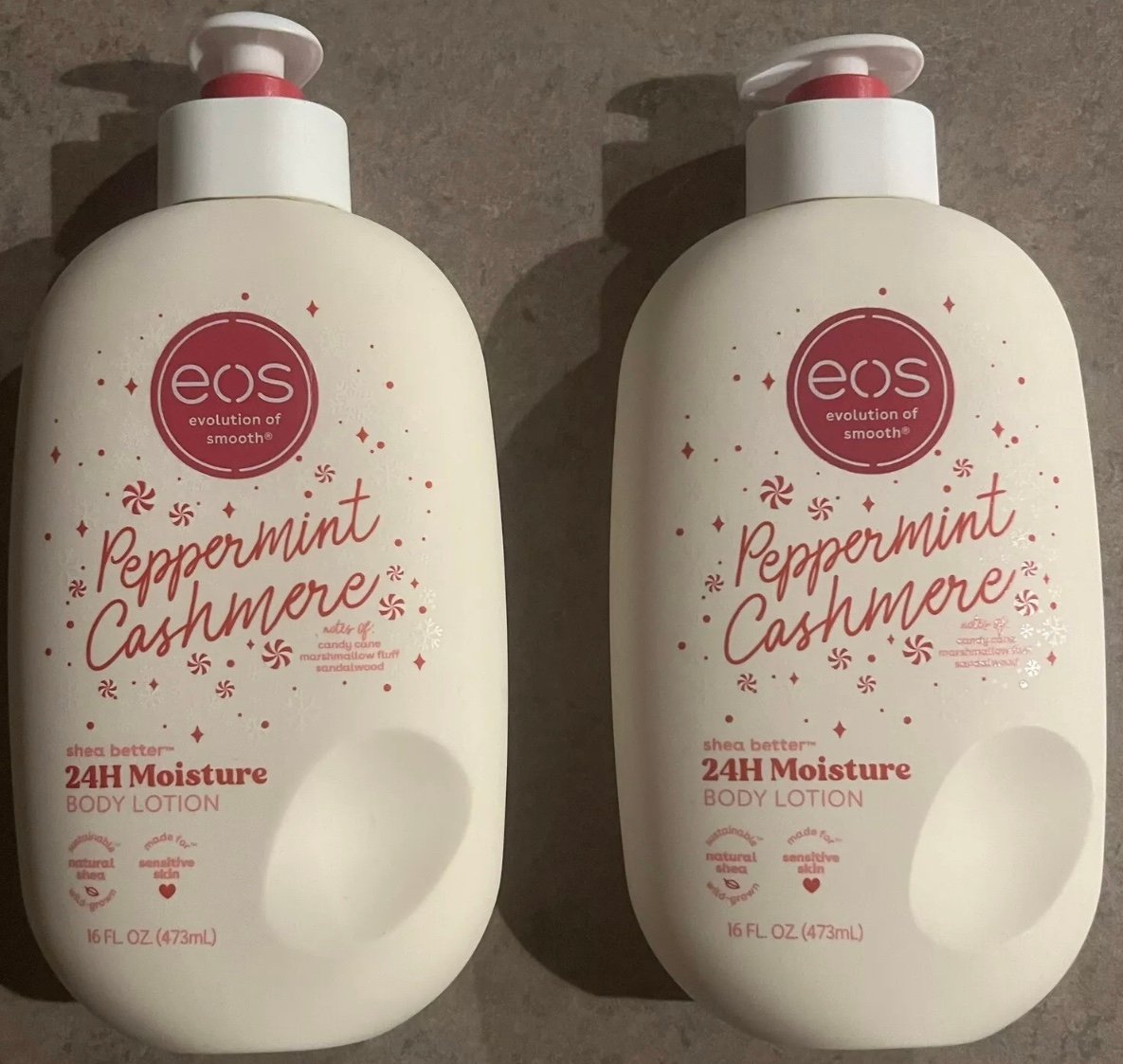 Brand New SET of 2 Holiday Christmas EOS Ltd Edition Peppermint Cashmere Lotion