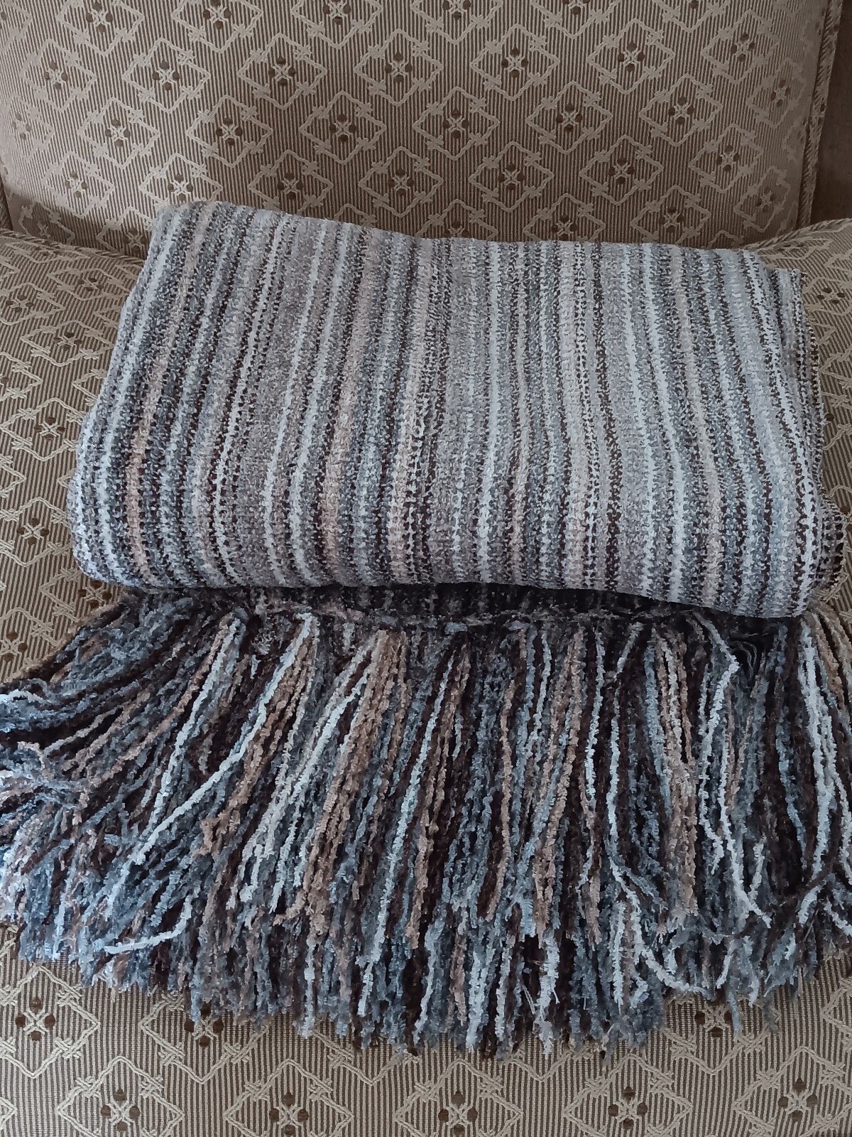 Pier 1 Imports Chenille Throw Blanket w Fringe 50 x 60 Striped Multicolor