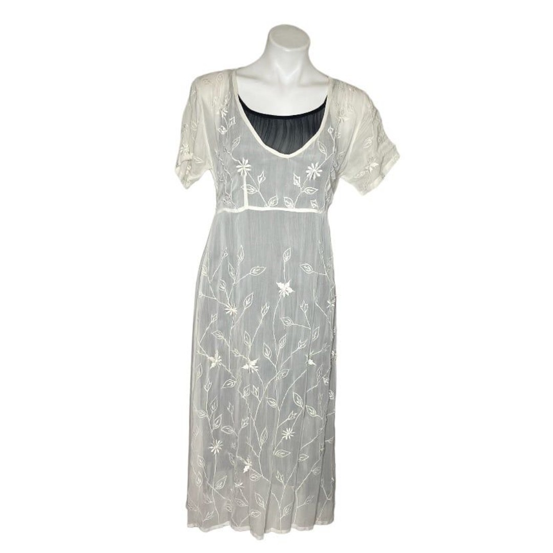 PAPILLON White Dress Black Slip Embroidered Self Tie Below Knee Size Medium NWT