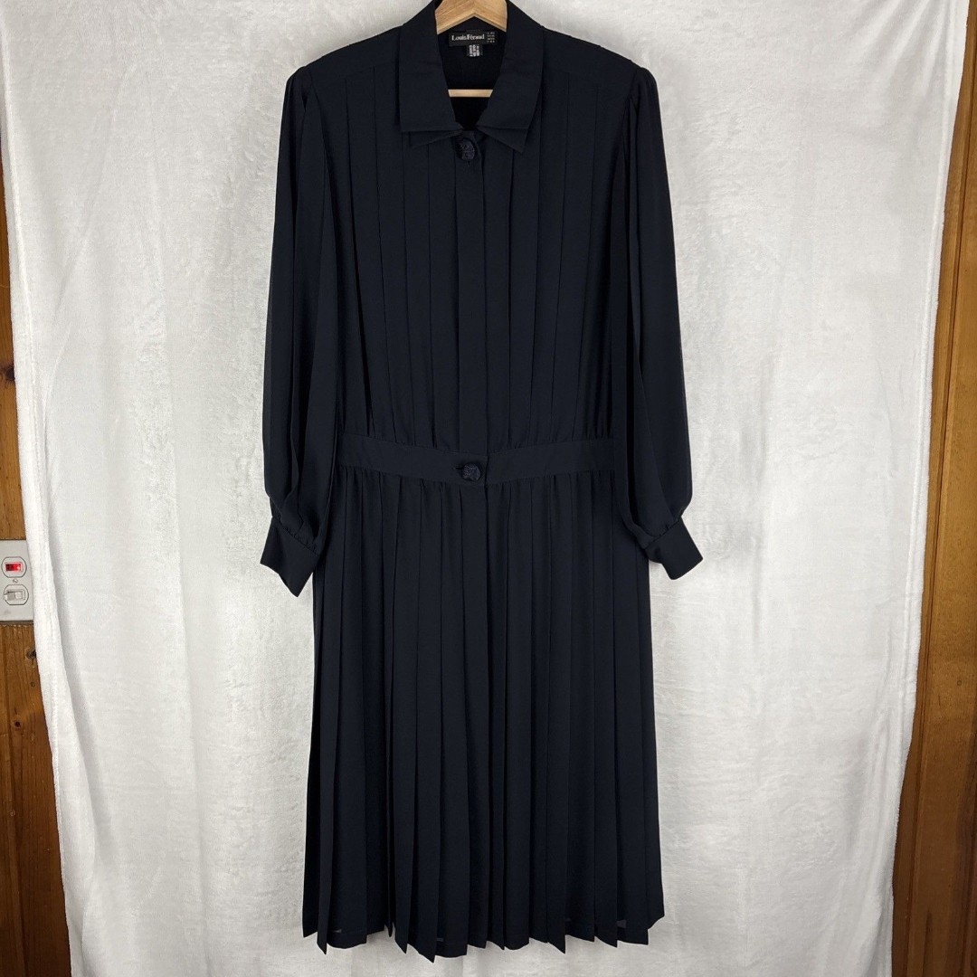 Vintage Louis Feraud Modest Sheer Dress Long Sleeve Pleated Size 16 Blue