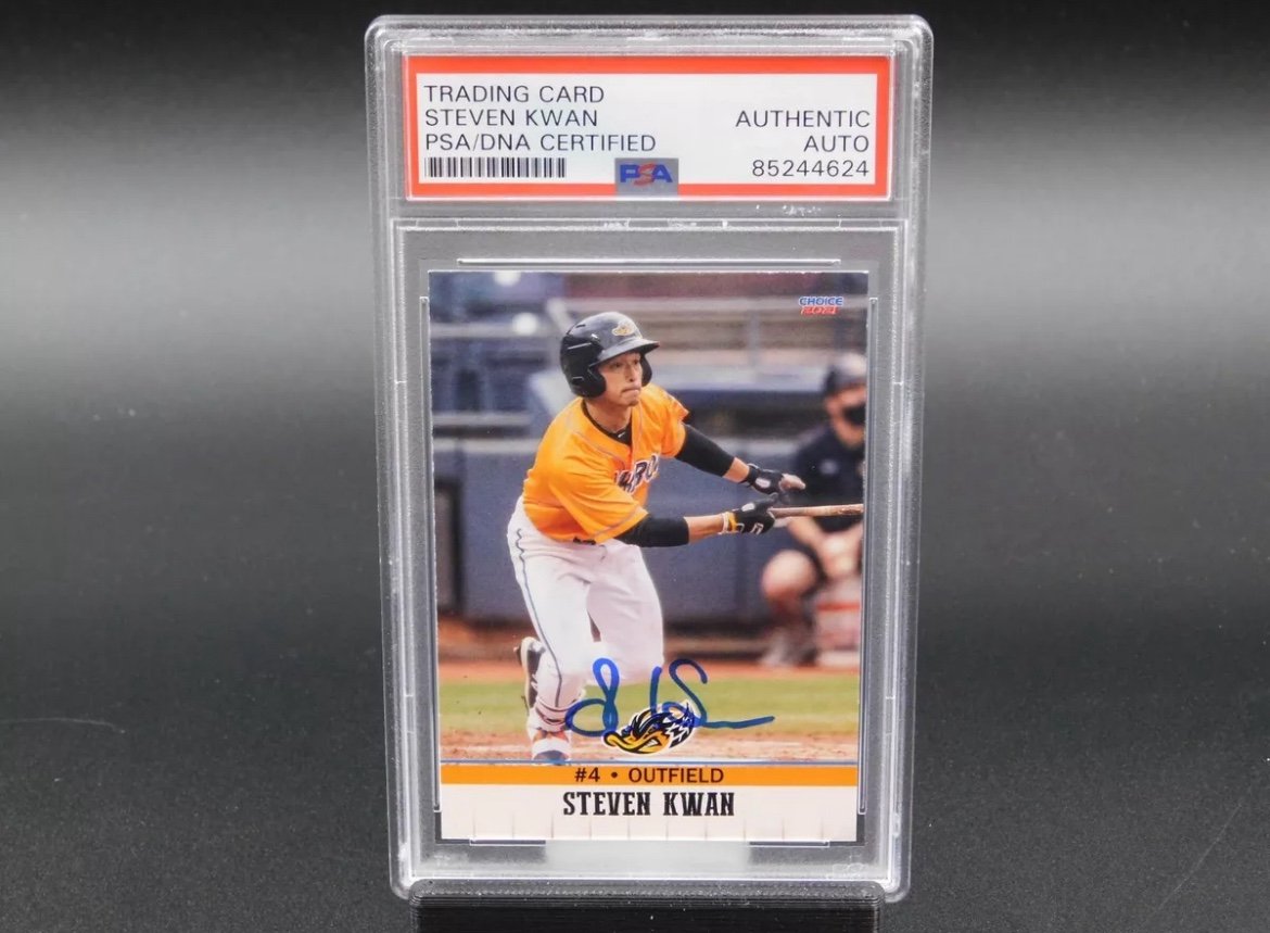 Steven Kwan Signed RC 2021 Minors Akron Rubber Ducks Baseball Card Guardians PSA
