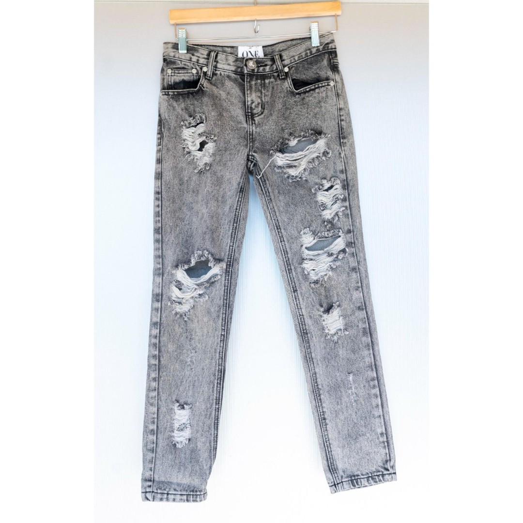 One Teaspoon Gray Black Awesome Baggies Leather Pocket Denim Jeans AU Size 22