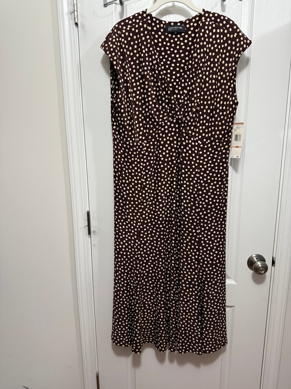 JONES NEW YORK Empire Waist Flared Dress, Brown cream Polka dot Size 14W NWT