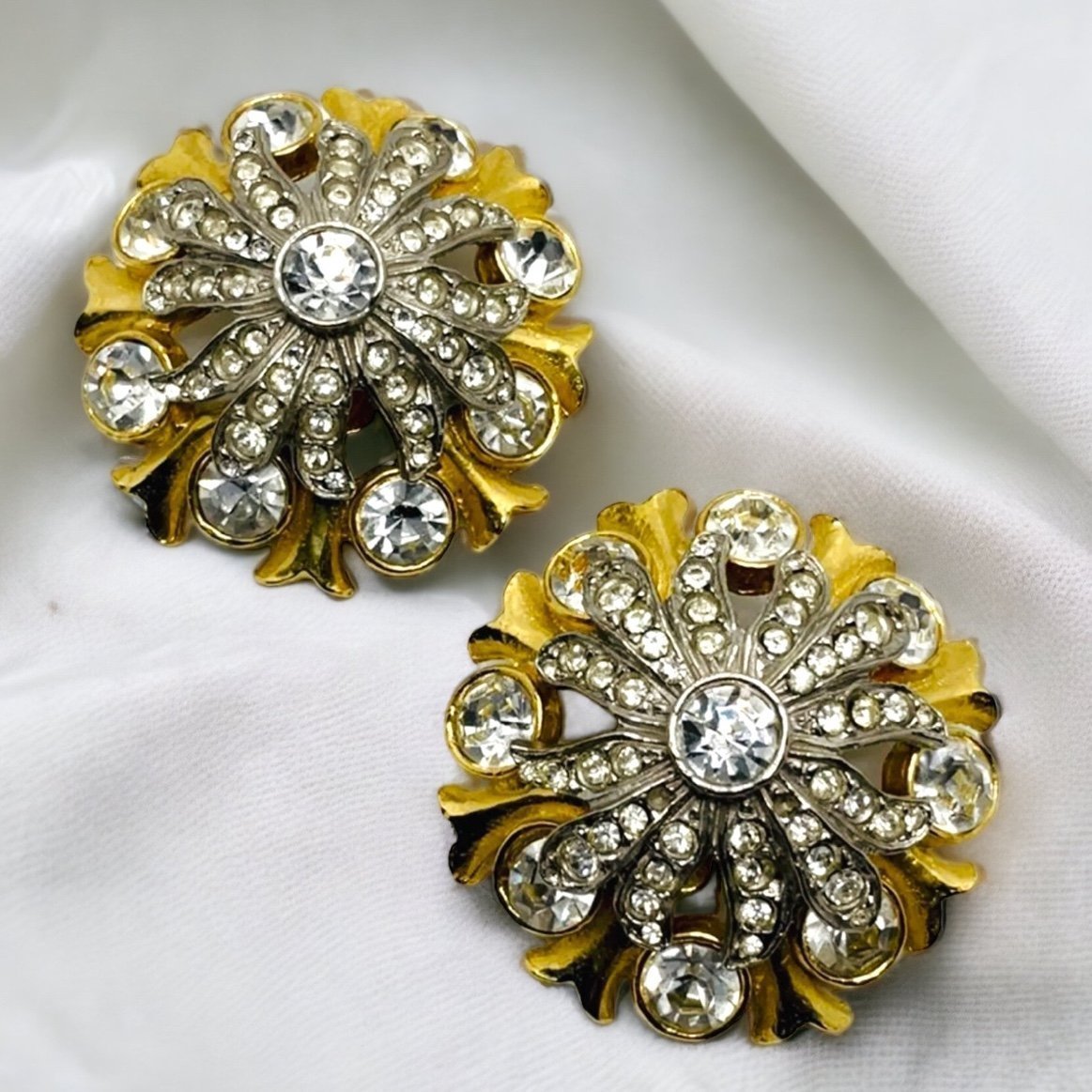 Vintage Rhinestone RJ Graziano Gold Silver Tone Clip On Earrings